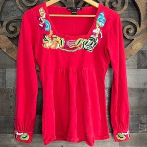 y2k Sweater Top Embroidery Floral Babydoll Empire Waist Boho Square Neck